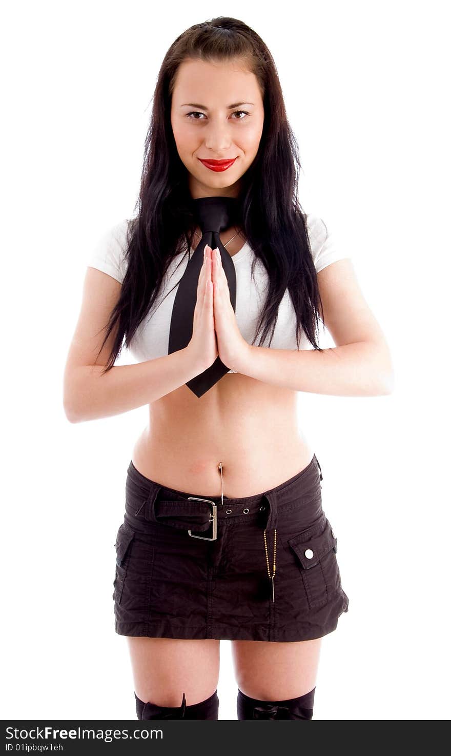 Young female welcoming with join hands with white background