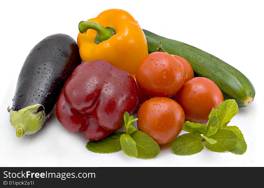 Pepper, eggplant and tomatoes isolated on the white. Pepper, eggplant and tomatoes isolated on the white