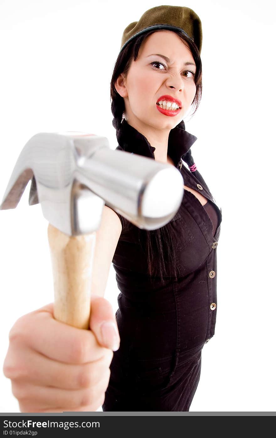 Female Wearing Army Cap Striking With Hammer