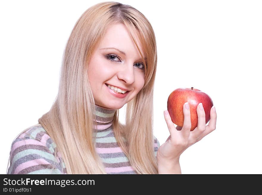 Girl holding apple in his hands on a white background. Girl holding apple in his hands on a white background