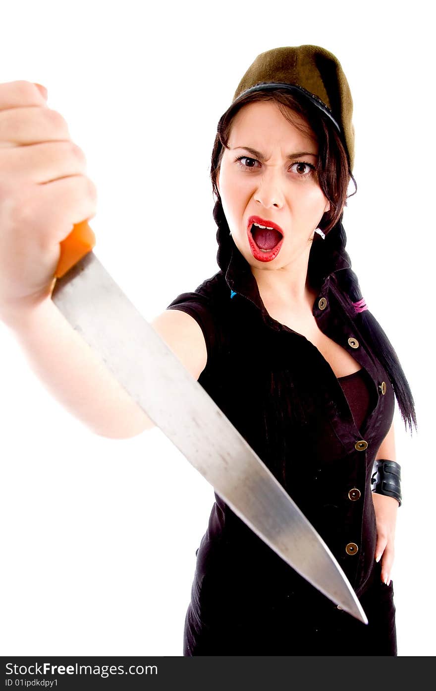 Female Wearing Army Cap And Defending Herself