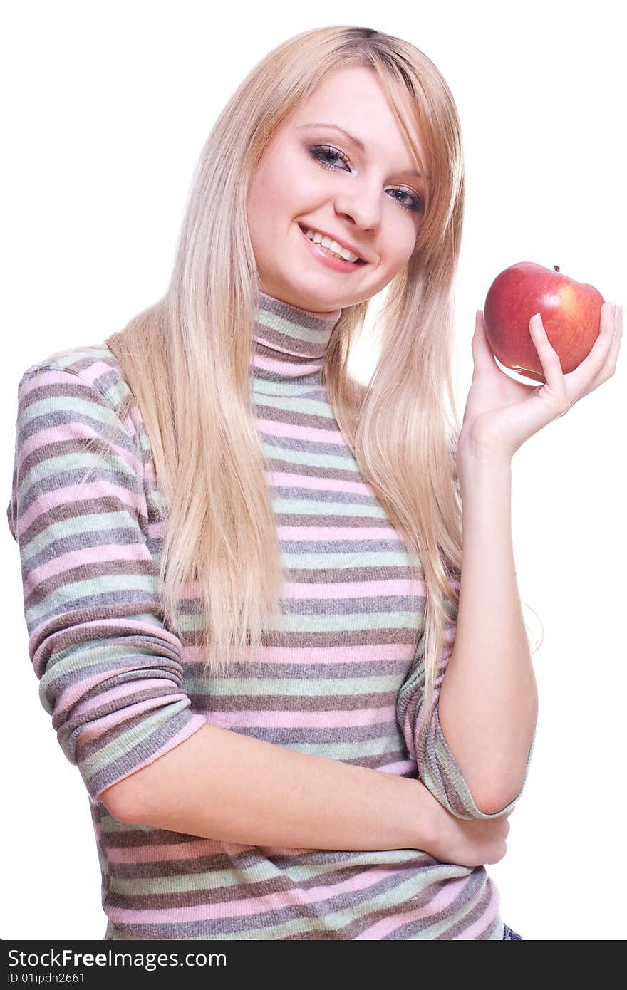 Girl holding apple in his hands on a white background. Girl holding apple in his hands on a white background