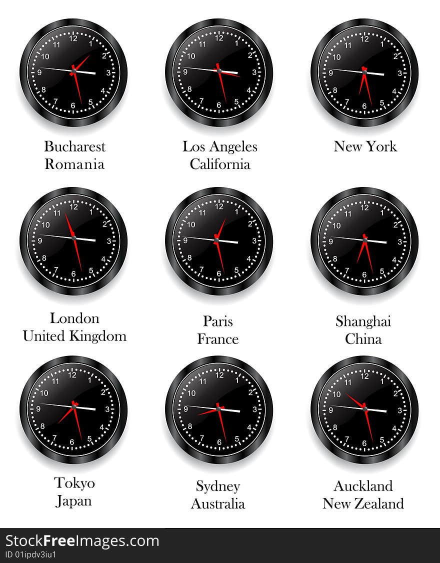 Clock with different Time Zone on white background