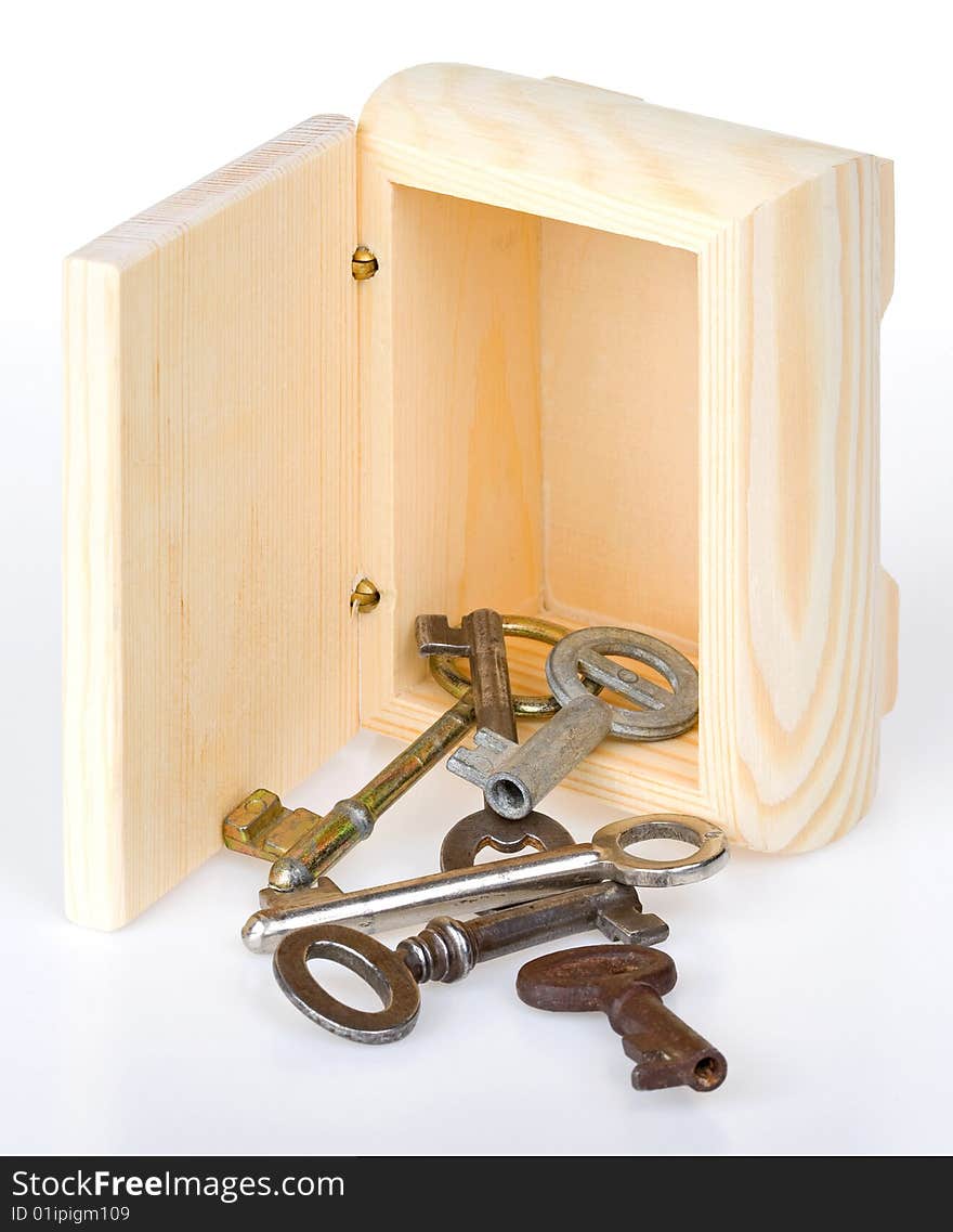 Keys out of wooden box on white background. Keys out of wooden box on white background