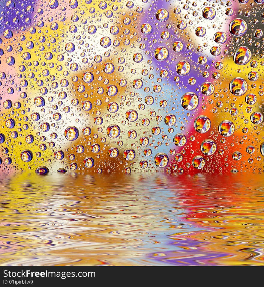 Coloured water drops background reflected in water