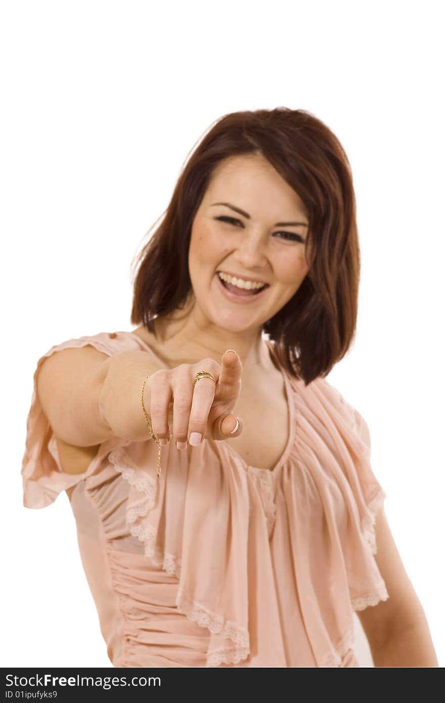 Portrait of an attractive young woman pointing her finger. Isolated on white background. Portrait of an attractive young woman pointing her finger. Isolated on white background