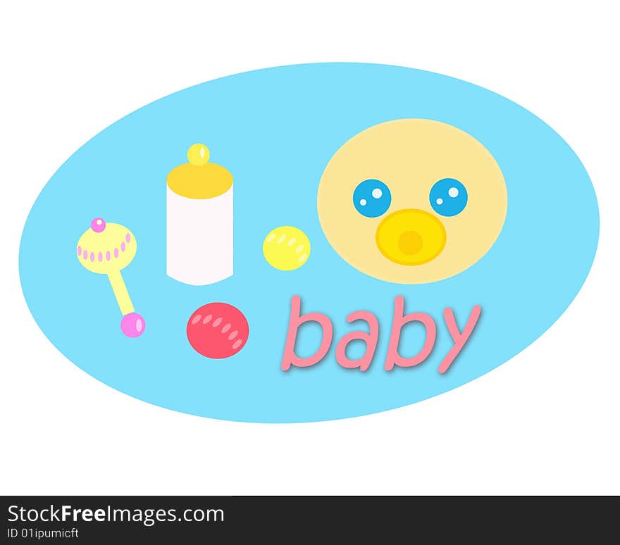 A blue baby tag with a baby bell, bottle, coloured balls and a cute baby face. Digital drawing. Colured picture. A blue baby tag with a baby bell, bottle, coloured balls and a cute baby face. Digital drawing. Colured picture.