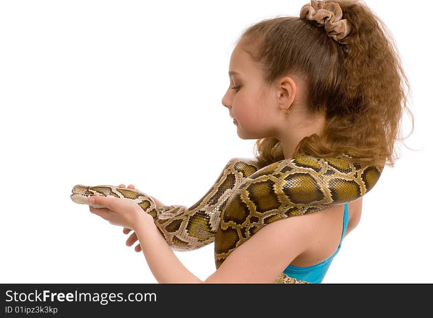 Close-up of adorable young girl holding pet python on her shoulders, isolated on white background. Close-up of adorable young girl holding pet python on her shoulders, isolated on white background