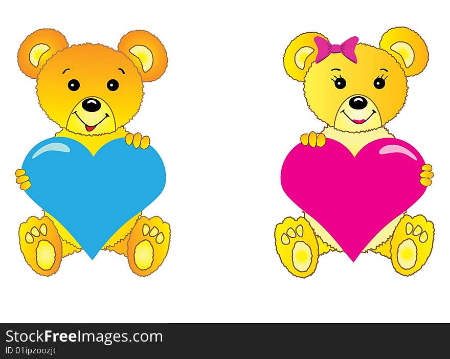 Illustration of teddy bears with harts in hands