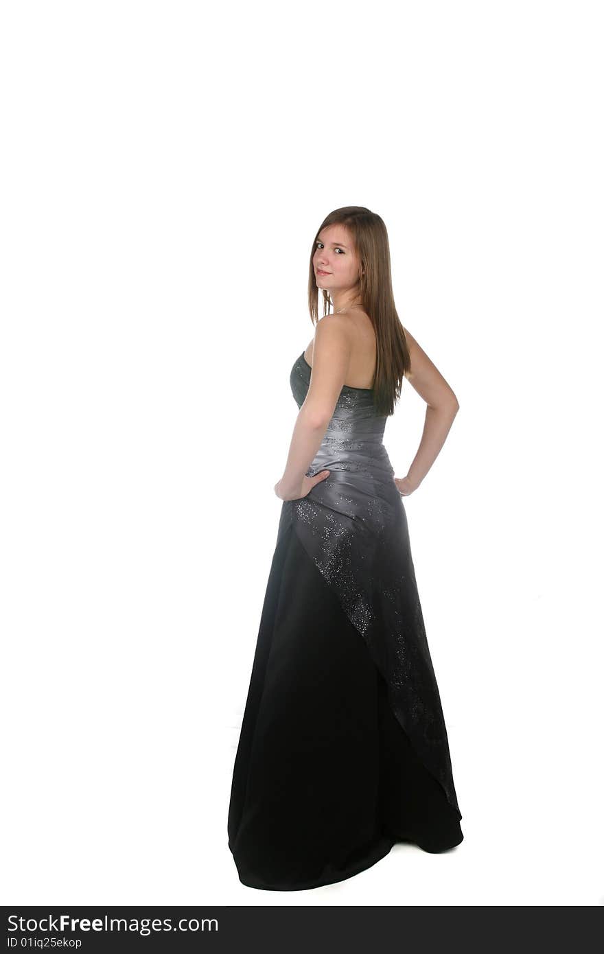 Pretty teenage girl in silver and black gown. Pretty teenage girl in silver and black gown