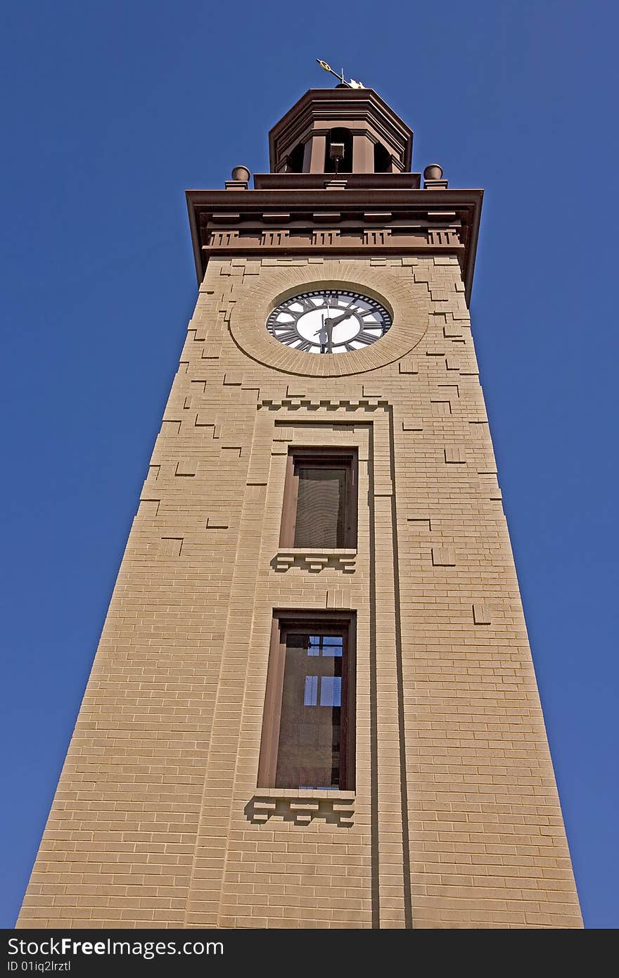 From an extreme low angle looking up at the Clock Tower at the National Clock Museum in Pennsylvania