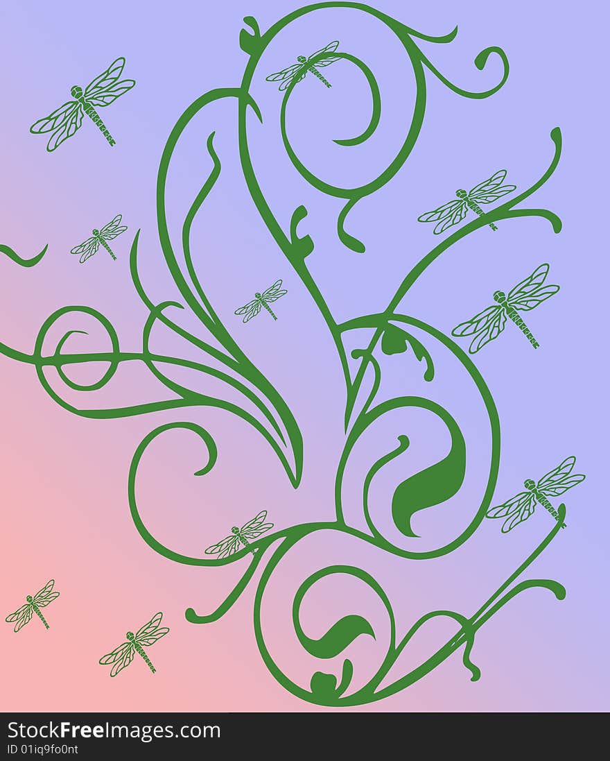 A computer generated illustration of a pastel background of swirls and dragonflies. A computer generated illustration of a pastel background of swirls and dragonflies.