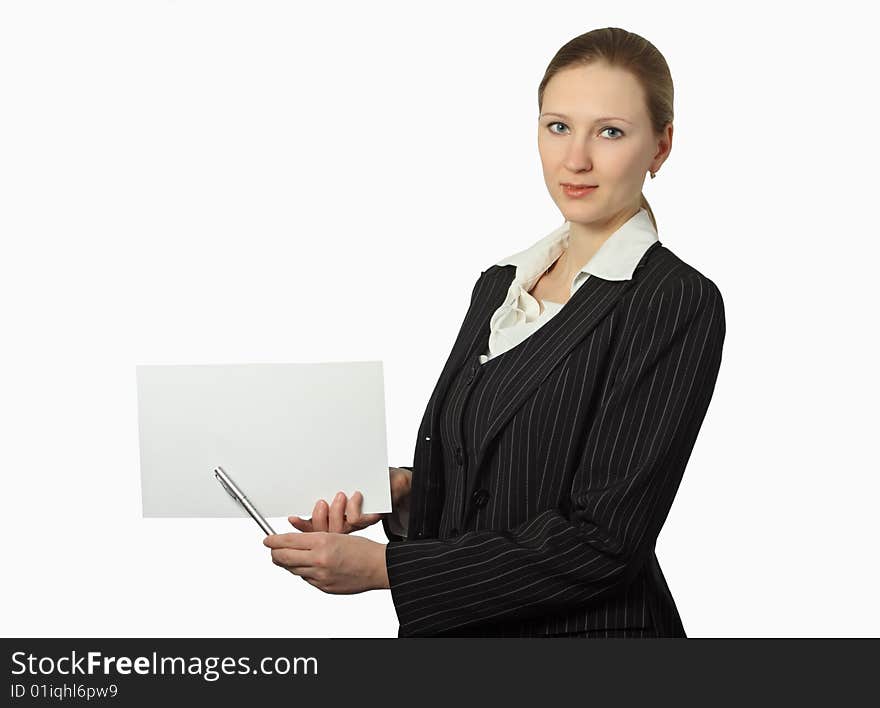 Young beautiful businesswoman showing on clear sheet with pen, isolated on white background