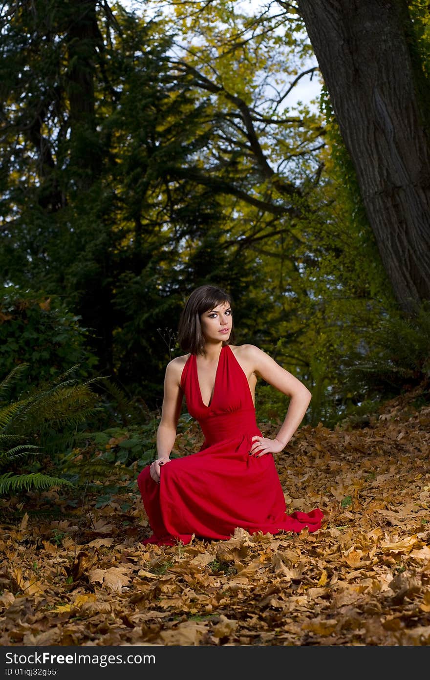 Young woman poses in the forest in a red dress. Young woman poses in the forest in a red dress