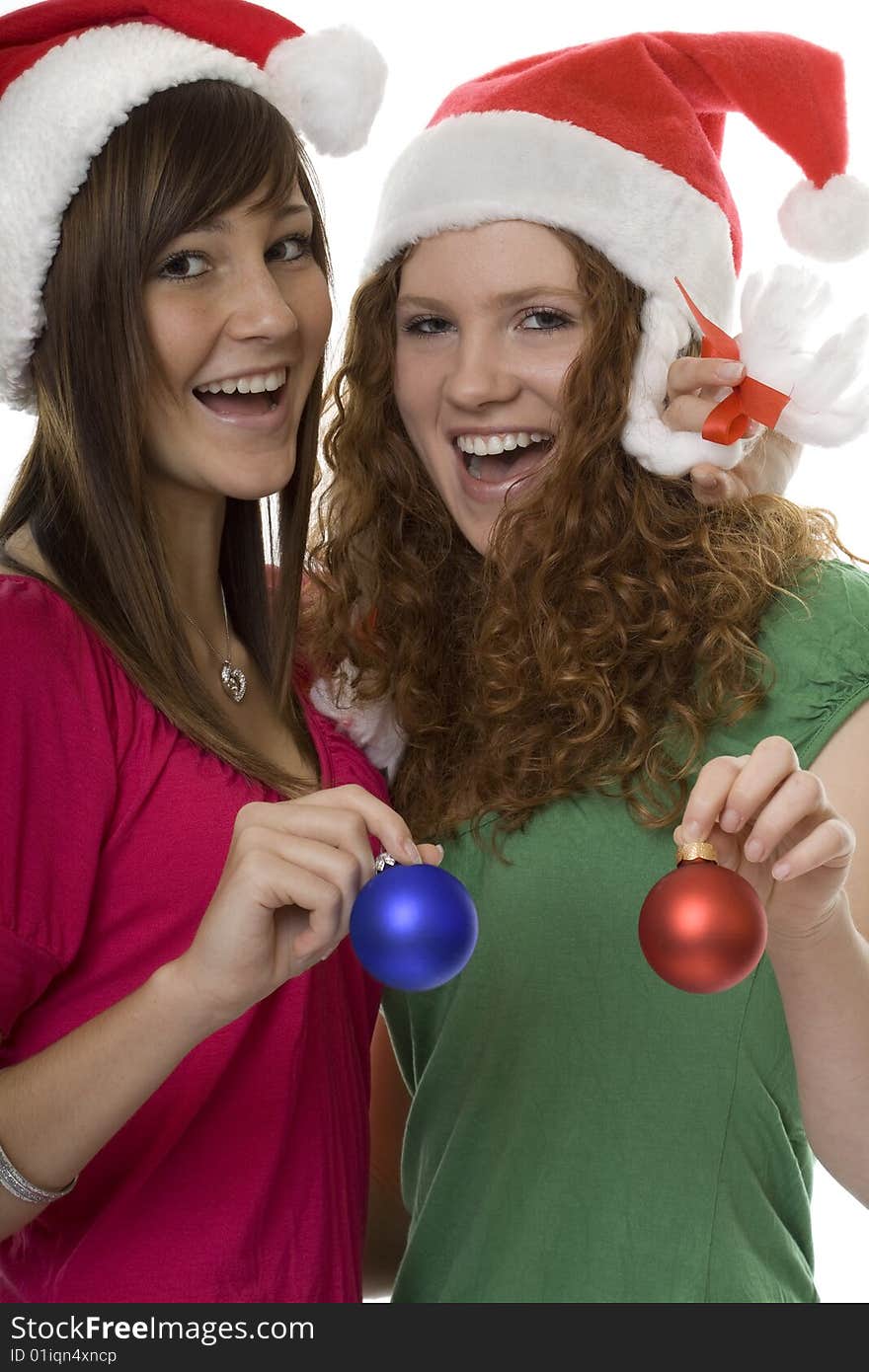 Merry Christmas, teenager with decoration, Christmas tree ball and Christmas hood