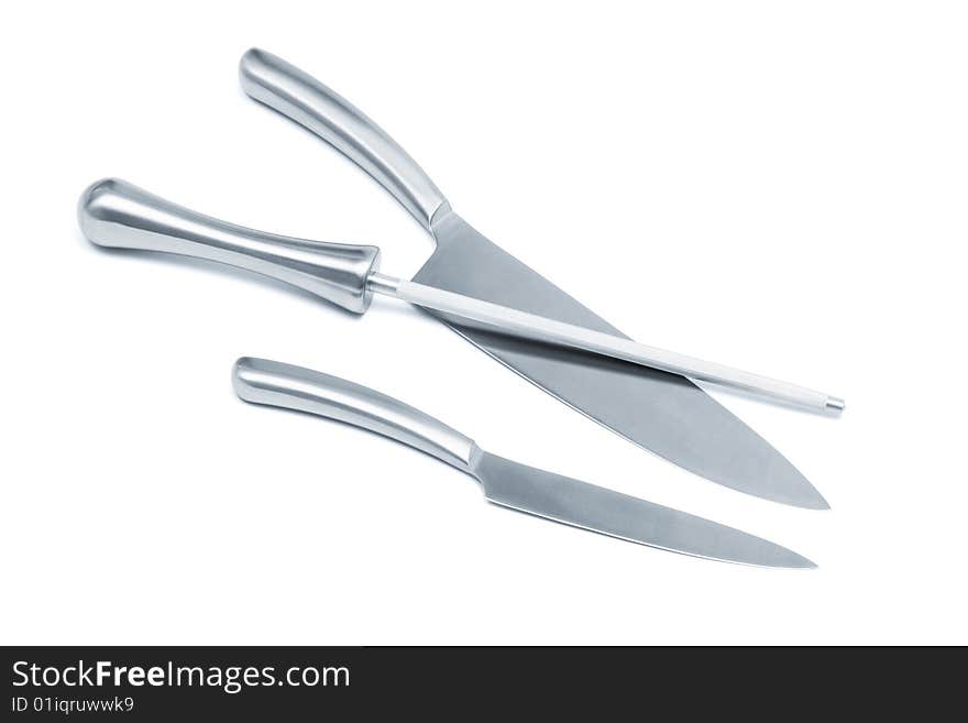 Steel kitchen knives on a white background