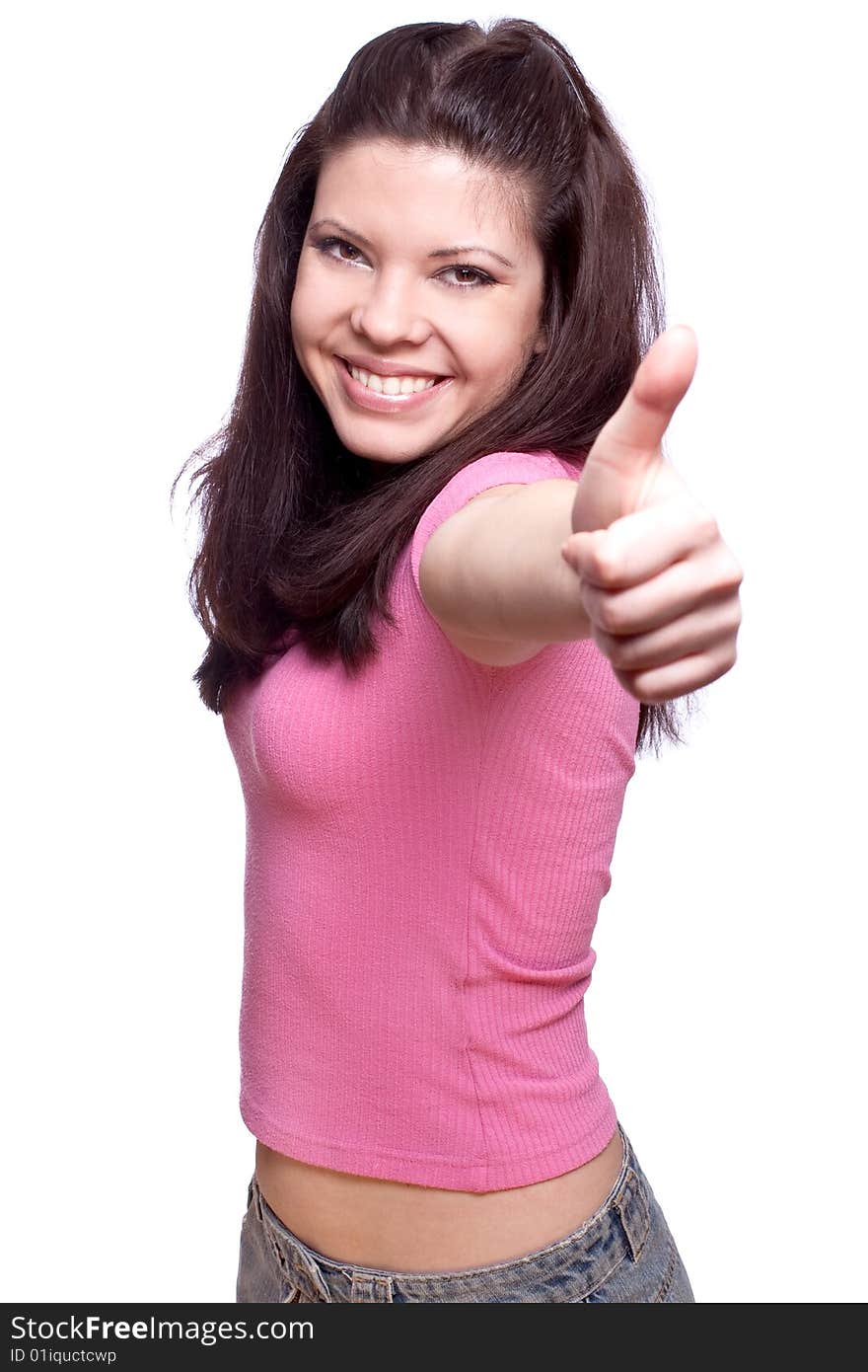 Smiling young woman giving thumbs-up on a white background