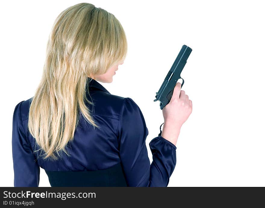 Young girl with gun isolated on white