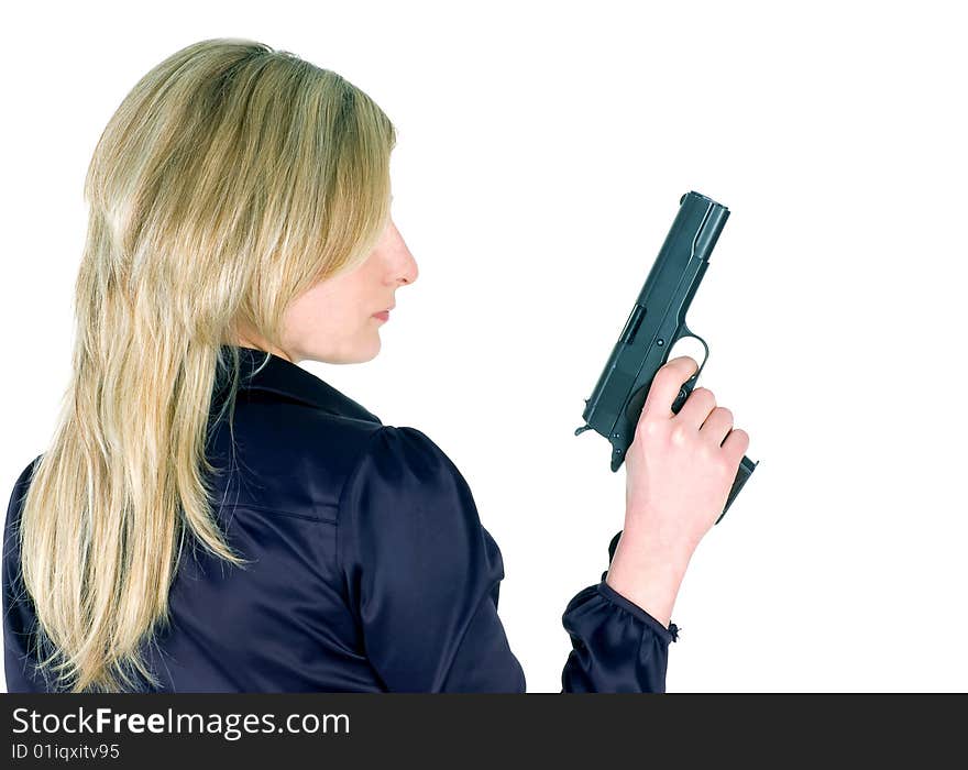 Young girl with gun isolated on white