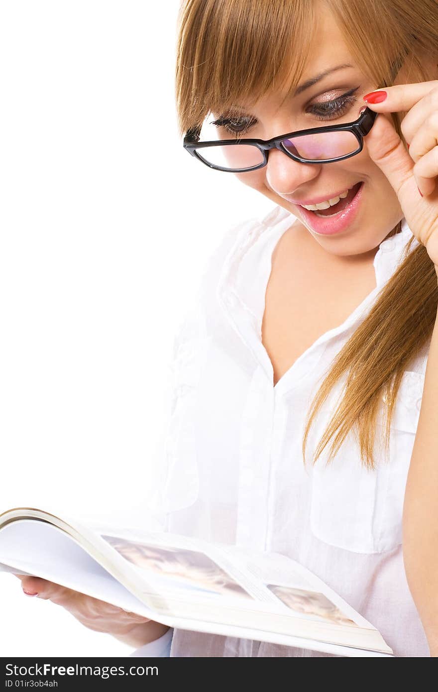 Young woman with book isolated on white. Young woman with book isolated on white