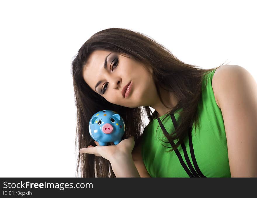 Pretty woman hold blue piggy bank on white background. Pretty woman hold blue piggy bank on white background