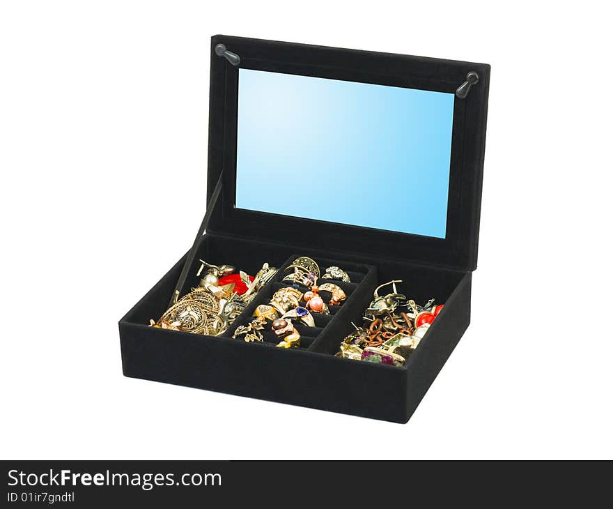 Jewelry in box isolated on white background