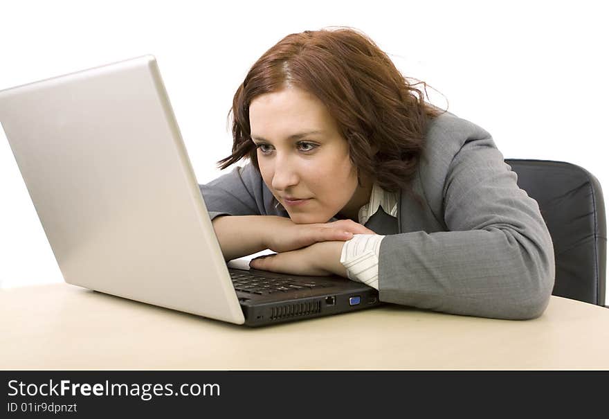 Woman with laptop on a white background