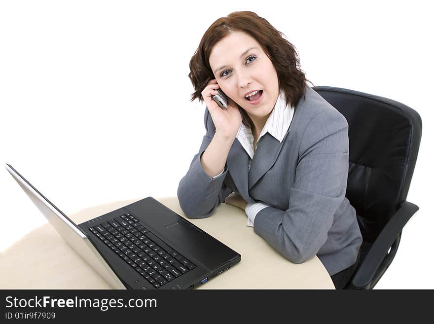 Woman with laptop on a white background