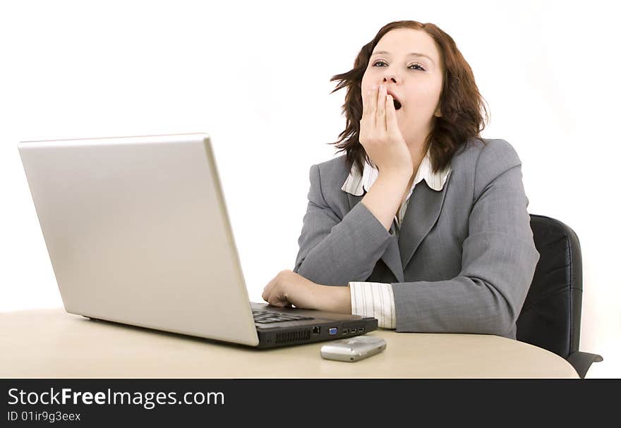 Woman with laptop on a white background