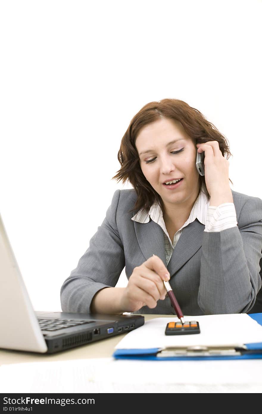 Woman with laptop on a white background