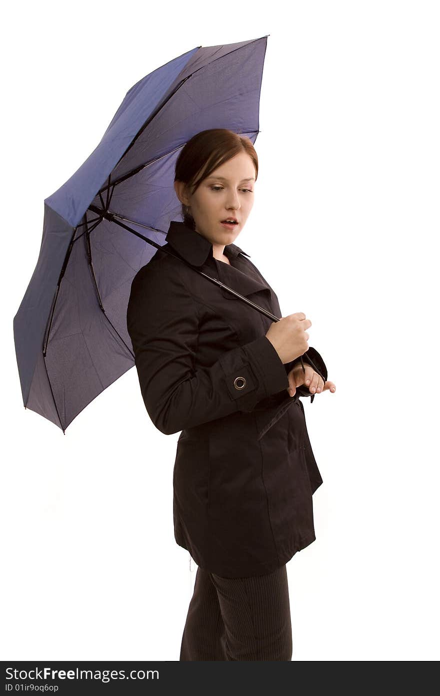 Woman with umbrella on a white background