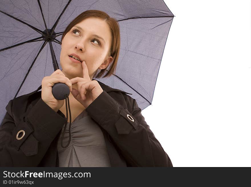 Woman with umbrella on a white background