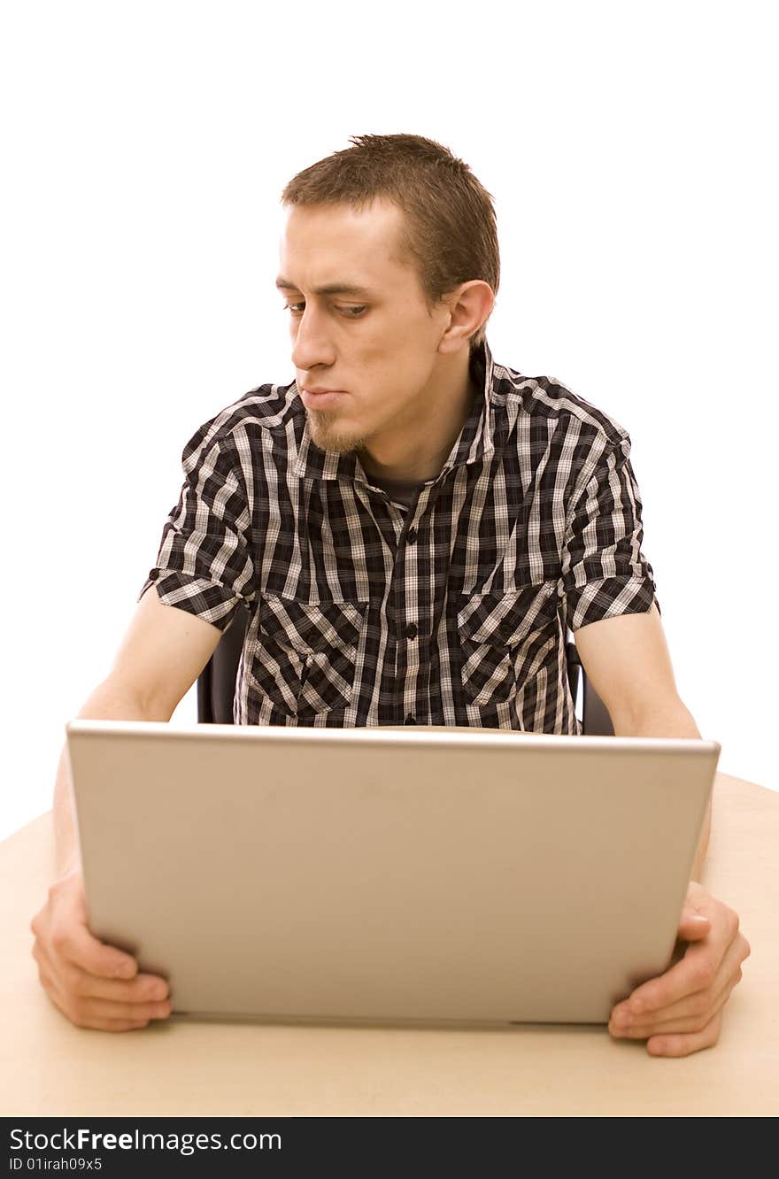 Man with laptop on white. Man with laptop on white