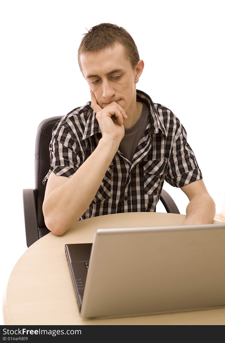 Man with laptop on white. Man with laptop on white