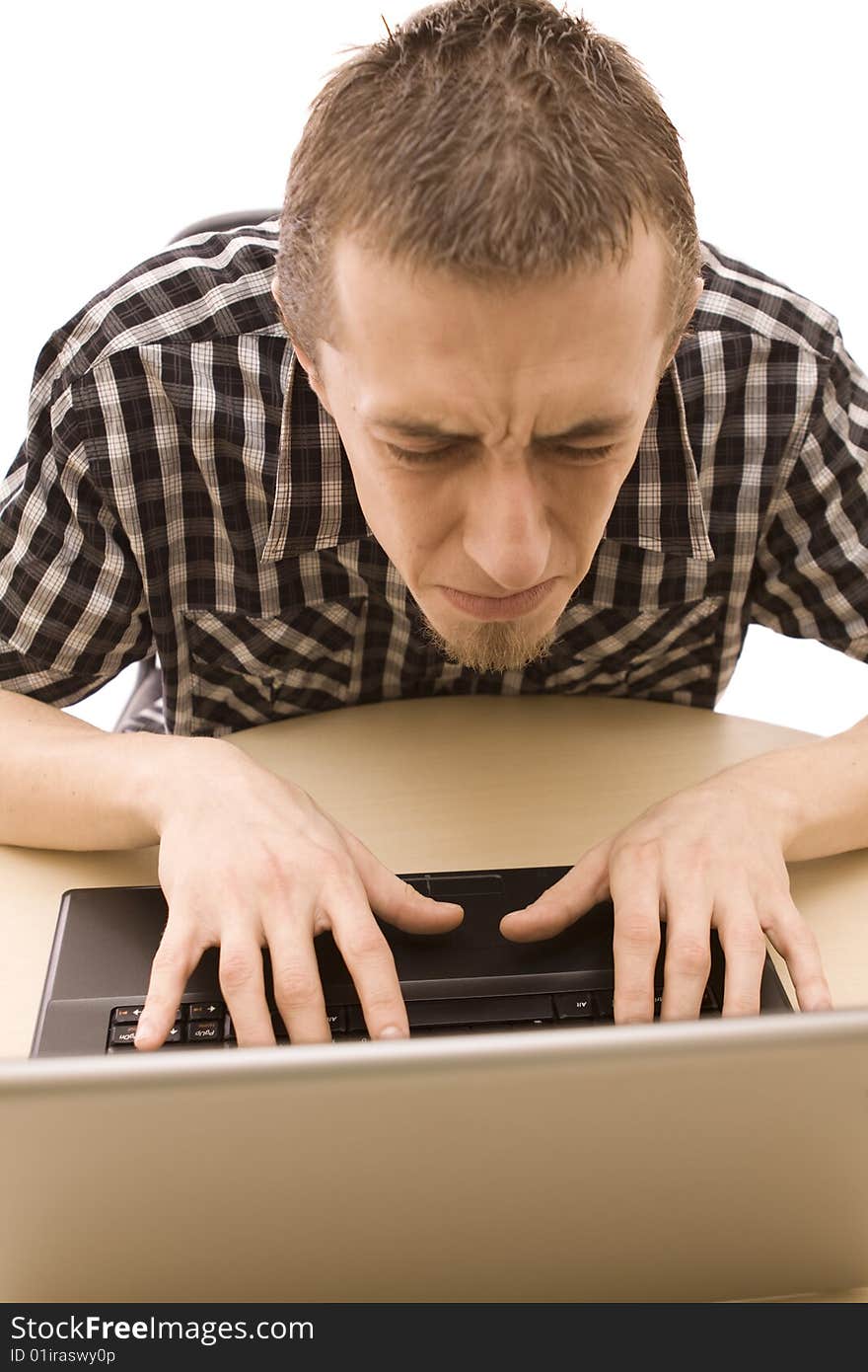 Man with laptop on white. Man with laptop on white