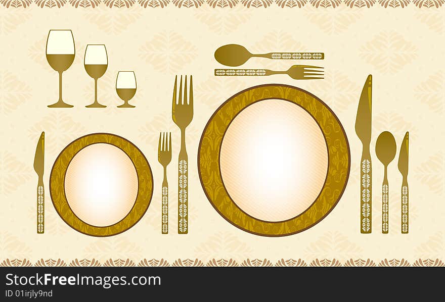 Spoon, knife, fork, plate and wineglass on the bright background