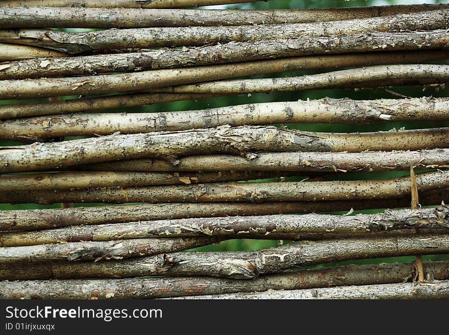 Background: a wooden wattle fence.