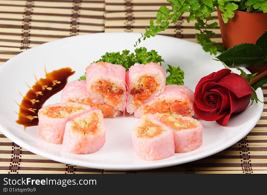 Spicy tuna, white tuna and salmon wrapped with soy bean paper. Spicy tuna, white tuna and salmon wrapped with soy bean paper.