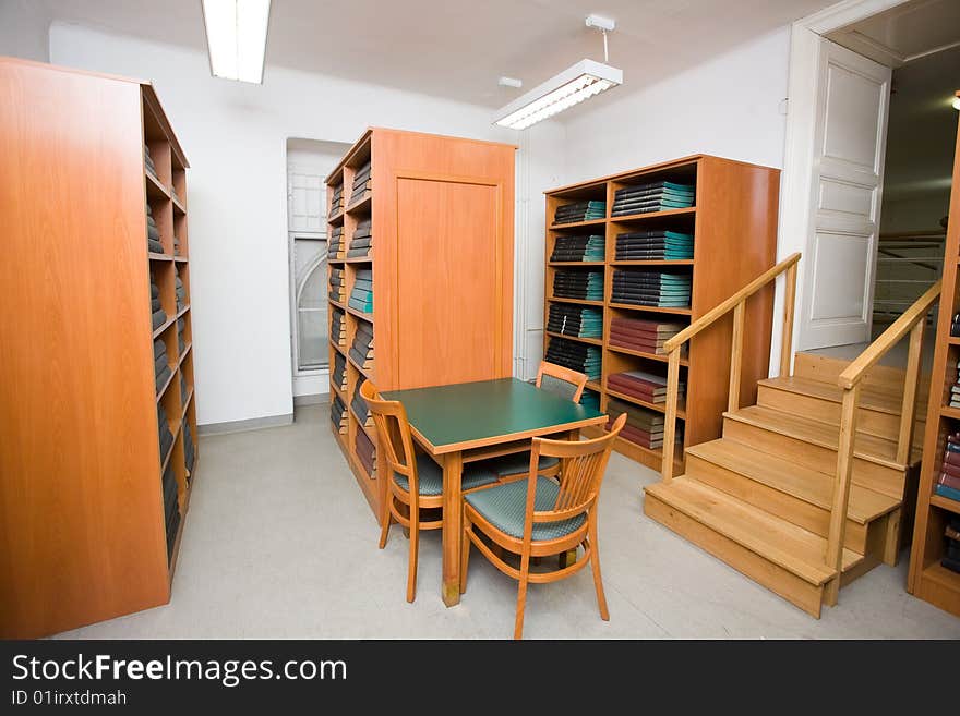 Books in an empty school library. Books in an empty school library