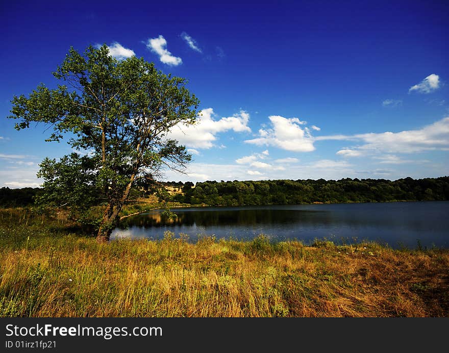 Lake with tree and blue cloudy sky. Lake with tree and blue cloudy sky