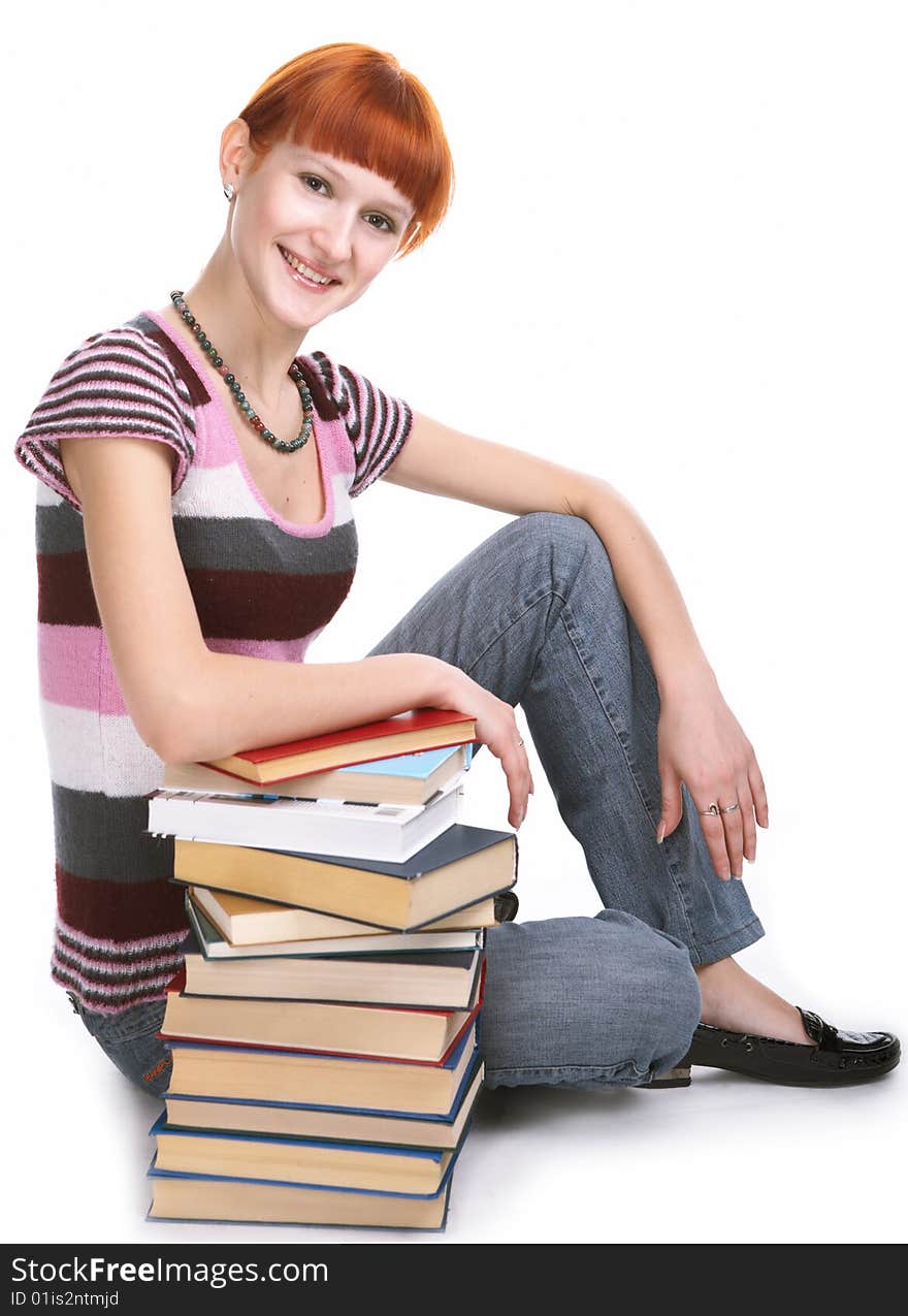 Beauty student girl with book on white background