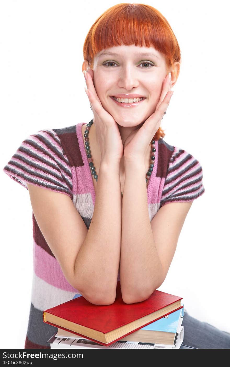 Beauty student girl with book on white background