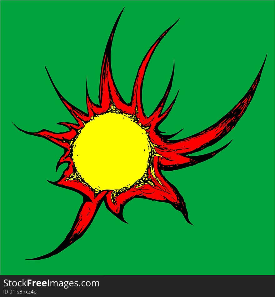 Yellow drawn sun on a green background. 
vector illustrations