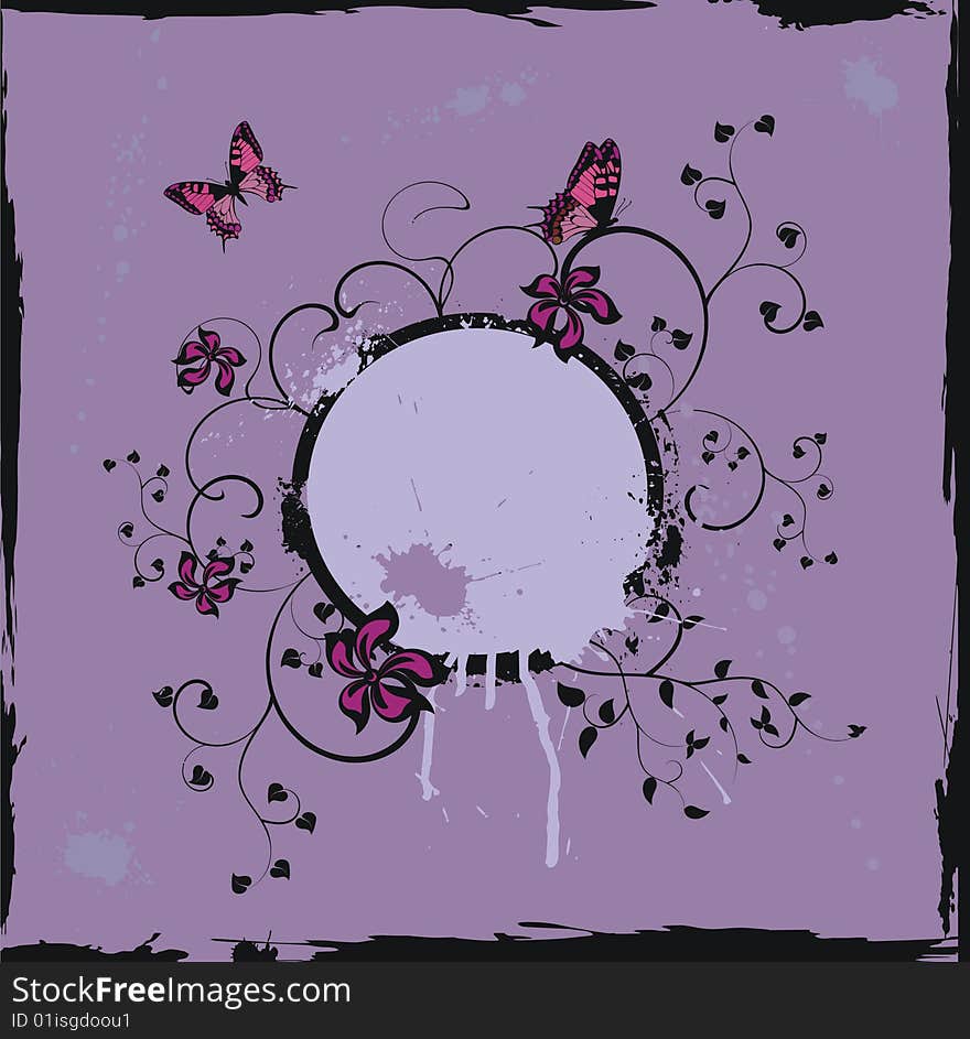 Grunge violet floral frame with  butterflies