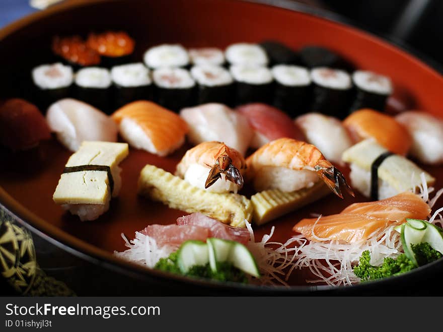 Japanese meal with Wasabi, Prawns, Sushi and Fish