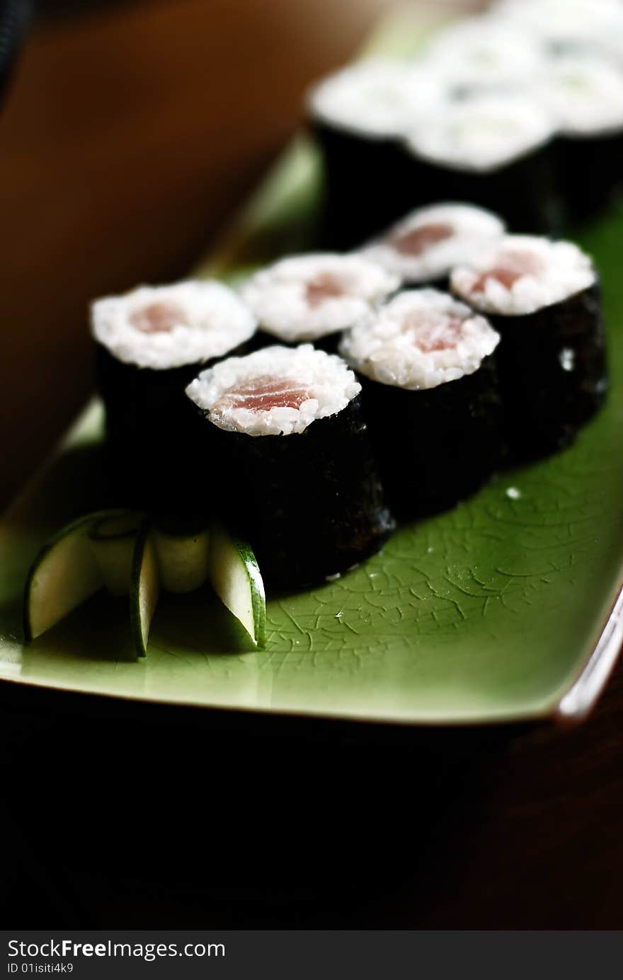 Close up of sushi on Green Plate