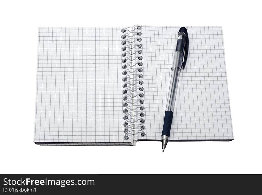 Open Notebook with empty pages and Pen isolated on a white