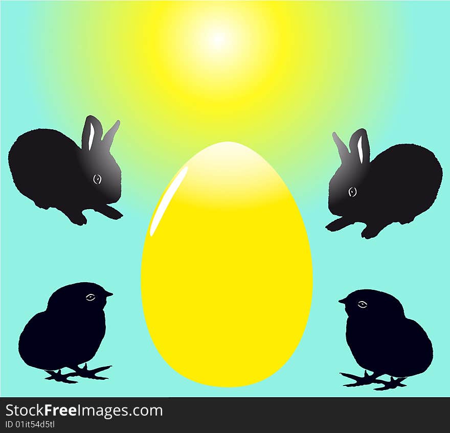 Two cute black baby rabbits with two chicks. Easter theme, vector illustration. Two cute black baby rabbits with two chicks. Easter theme, vector illustration