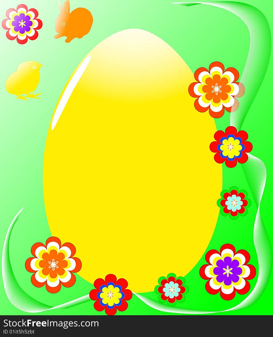 Easter egg with flowers, rabbit, chick.  Easter theme, vector illustration