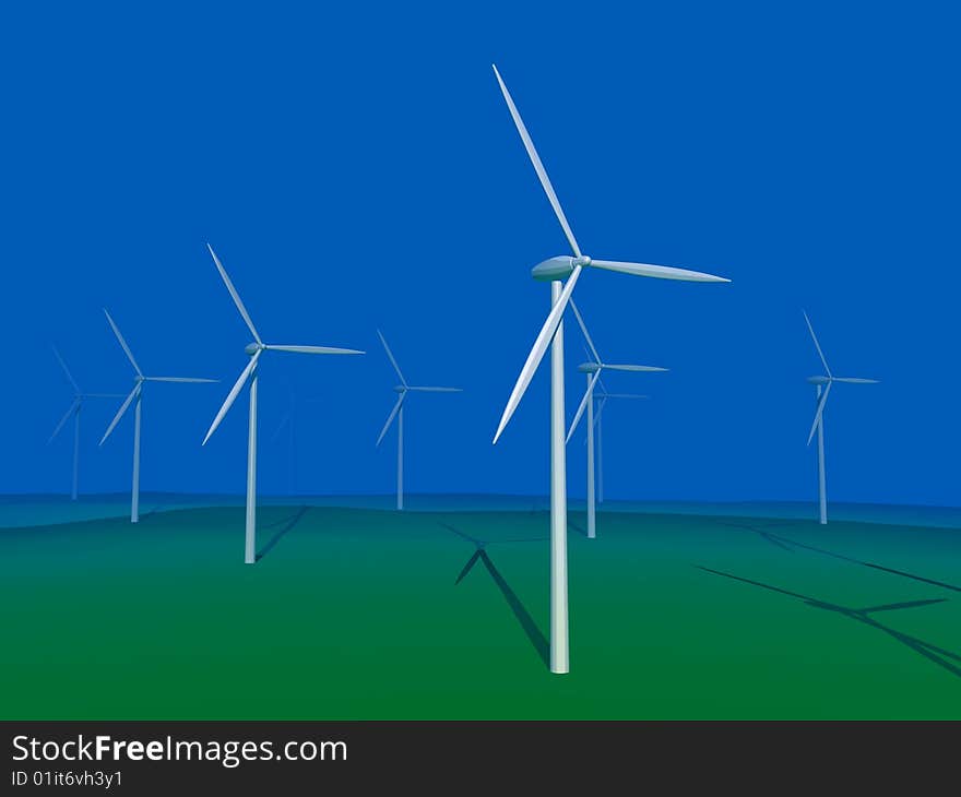 3d image,windmill on green land.